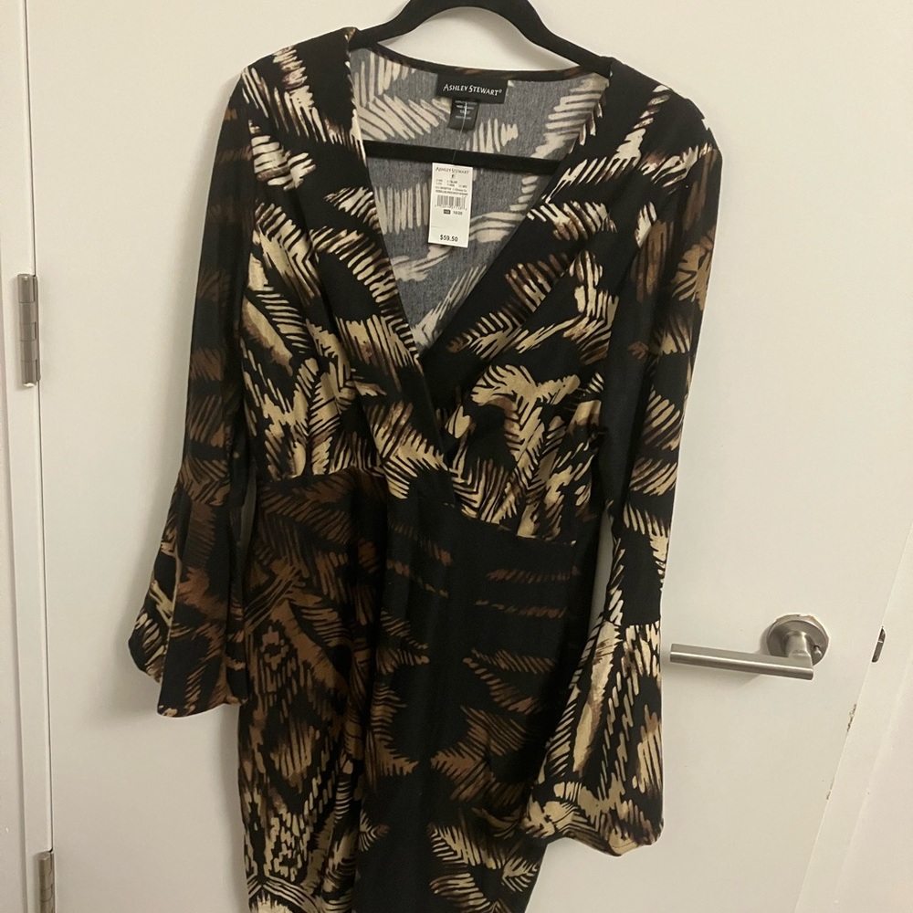 Ashley Stewart Brown and Tan Sheath Dress with Bell Sleeves